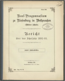 Real-Progymnasium zu Riesenburg in Westpreussen (Webers Schule). Bericht über das Schuljahr 1892-93