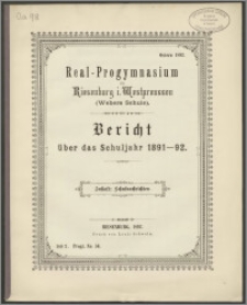 Real-Progymnasium zu Riesenburg i. Westpreussen (Webers Schule). Bericht über das Schuljahr 1891-92