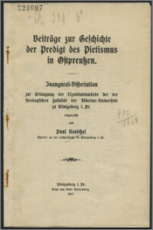 Beiträge zur Geschichte der Predigt des Pietismus in Ostpreußen