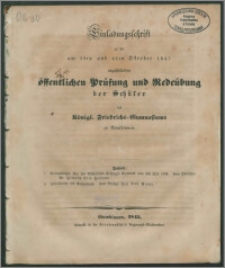 Einladungsschrift zu der am 3ten und 4ten Oktober 1845 anzustellenden Prüfung und Redeübung der Schuler des Königl. Friedrichs-Gymnasiums zu Gumbinnen