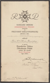 Akt nadania Krzyża Oficerskiego Orderu Odrodzenia Polski – Karolowi Poznańskiemu za zasługi położone na polu pracy konsularnej i dyplomatycznej (27 grudnia 1924 r.)