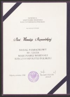Dyplom nadania Wandzie Poznańskiej Medalu Pamiątkowego 80. lecia Marynarki Wojennej Rzeczypospolitej Polskiej
