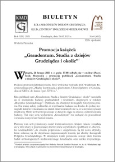 Biuletyn Koła Miłośników Dziejów Grudziądza 2021, Rok XIX nr 4 (682) : Promocja książek „Graudentum. Studia z dziejów Grudziądza i okolic”