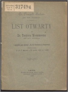 List otwarty do dra Teodora Mommsena z powodu jego odezwy "An die Deutschen in Oesterreich" umieszczonej w "N. F. Presse" z 31 paźdz. 1897 nr 11923