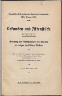 Ordnung des Verhältnisses des Staates zu einigen christlichen Kirchen : Ordentliche Versammlung der siebenten Landessynode, Mitte Februar 1939