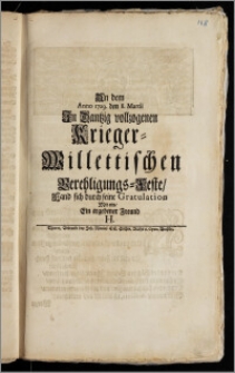 An dem Anno 1729. den 8. Martii Jn Dantzig vollzogenen Krieger-Willettischen Verehligungs-Feste / Fand sich durch seine Gratulation Mit ein, Ein ergebener Freund H