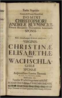 Tædas Nuptiales Genere & Virtute Ornatissimi Domini Christophori Andreæ Blvmingkii, Civis & Mercatoris Thoruniensis honorandi, Sponsi, & ... Virginis, Christinæ Elisabethæ Natal. Wachschlageriæ Sponsæ Auspicatissimo Lumine Thorunii. An. 1707. d. 15. Novembris accensas / Illustratum ivit. Familiae Wachschlagerianae addictiss. M. Martinus Böhm. Passenheimensis