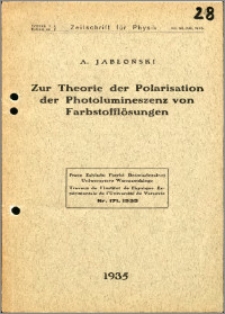 Zur Theorie der Polarisation der Photolumineszenz von Farbstofflösungen