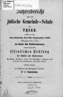 Jahresbericht über die Jüdische Gemeinde-Schule zu Thorn 1872