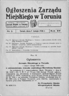 Ogłoszenia Zarządu Miejskiego w Toruniu 1938, R. 15, nr 5