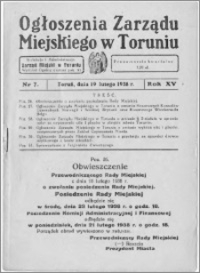 Ogłoszenia Zarządu Miejskiego w Toruniu 1938, R. 15, nr 7