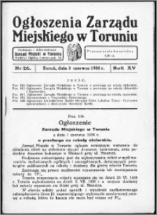 Ogłoszenia Zarządu Miejskiego w Toruniu 1938, R. 15, nr 26