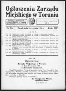 Ogłoszenia Zarządu Miejskiego w Toruniu 1938, R. 15, nr 36