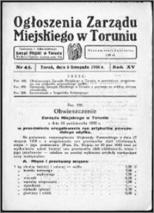 Ogłoszenia Zarządu Miejskiego w Toruniu 1938, R. 15, nr 45