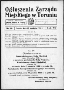 Ogłoszenia Zarządu Miejskiego w Toruniu 1938, R. 15, nr 52