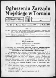 Ogłoszenia Zarządu Miejskiego w Toruniu 1939, R. 16, nr 21