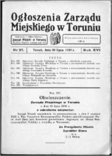 Ogłoszenia Zarządu Miejskiego w Toruniu 1939, R. 16, nr 27