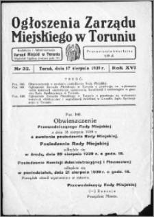 Ogłoszenia Zarządu Miejskiego w Toruniu 1939, R. 16, nr 32