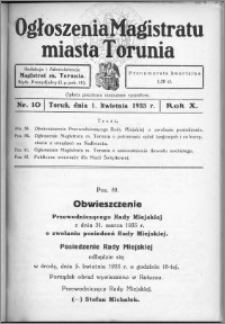 Ogłoszenia Magistratu Miasta Torunia 1933, R. 10, nr 10
