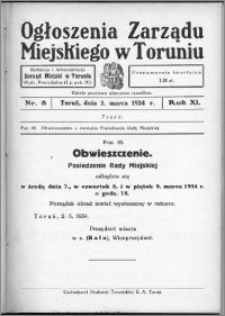 Ogłoszenia Zarządu Miejskiego w Toruniu 1934, R. 11, nr 8