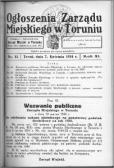 Ogłoszenia Zarządu Miejskiego w Toruniu 1934, R. 11, nr 12