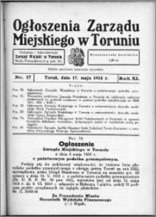Ogłoszenia Zarządu Miejskiego w Toruniu 1934, R. 11, nr 17