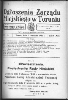 Ogłoszenia Zarządu Miejskiego w Toruniu 1935, R. 12, nr 1