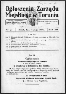 Ogłoszenia Zarządu Miejskiego w Toruniu 1935, R. 12, nr 5