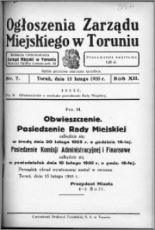 Ogłoszenia Zarządu Miejskiego w Toruniu 1935, R. 12, nr 7