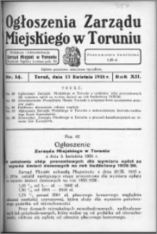Ogłoszenia Zarządu Miejskiego w Toruniu 1935, R. 12, nr 14
