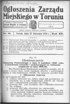 Ogłoszenia Zarządu Miejskiego w Toruniu 1935, R. 12, nr 16