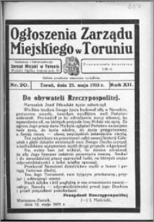 Ogłoszenia Zarządu Miejskiego w Toruniu 1935, R. 12, nr 20