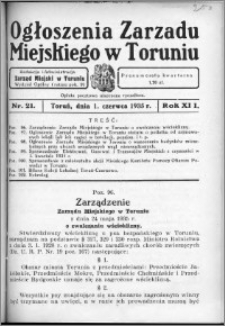 Ogłoszenia Zarządu Miejskiego w Toruniu 1935, R. 12, nr 21