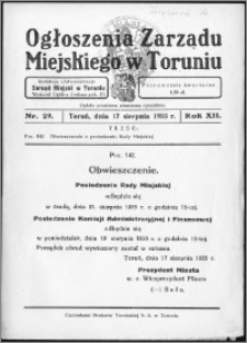 Ogłoszenia Zarządu Miejskiego w Toruniu 1935, R. 12, nr 29