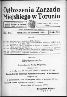 Ogłoszenia Zarządu Miejskiego w Toruniu 1935, R. 12, nr 40