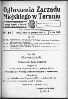 Ogłoszenia Zarządu Miejskiego w Toruniu 1935, R. 12, nr 43
