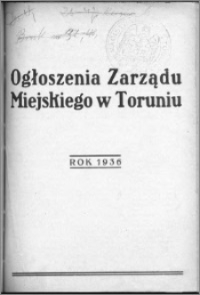 Skorowidz "Ogłoszeń Zarządu Miejskiego w Toruniu" za rok 1936