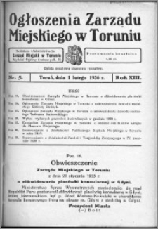 Ogłoszenia Zarządu Miejskiego w Toruniu 1936, R. 13, nr 5
