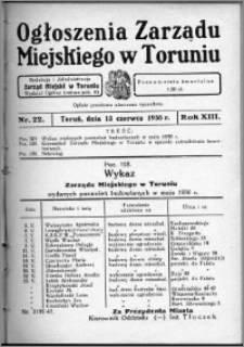 Ogłoszenia Zarządu Miejskiego w Toruniu 1936, R. 13, nr 22