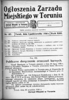 Ogłoszenia Zarządu Miejskiego w Toruniu 1936, R. 13, nr 37