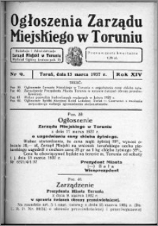 Ogłoszenia Zarządu Miejskiego w Toruniu 1937, R. 14, nr 9