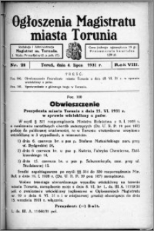 Ogłoszenia Magistratu Miasta Torunia 1931, R. 8, nr 21