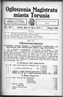 Ogłoszenia Magistratu Miasta Torunia 1931, R. 8, nr 26