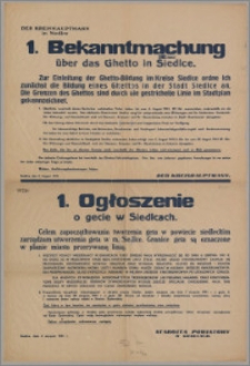 Ogłoszenie o gecie w Siedlcach : celem zapoczątkowania tworzenia geta w powiecie siedleckim [...] = Bekanntmachung über das Ghetto in Siedlce