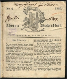 Thorner Wochenblatt 1840, Nro. 1 + Beilage, Thorner wöchentliche Zeitung