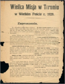 Wielka misja w Toruniu w Wielkim Poście r. 1929 : zaproszenie